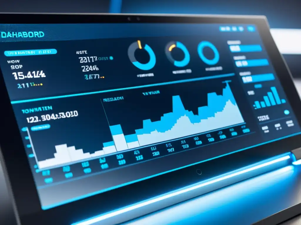 Un tablero de análisis de datos futurista y minimalista en tonos monocromáticos, con gráficos interconectados y luces LED azules