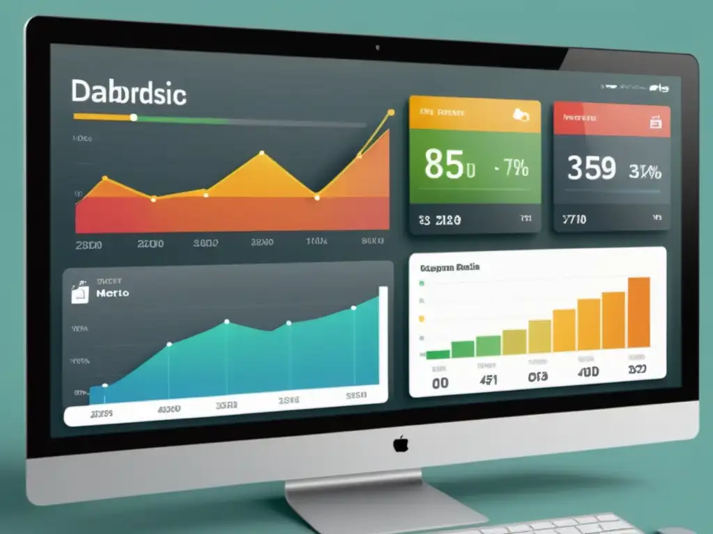 Tablero de análisis digital con métricas de redes sociales como engagement, alcance y tasas de conversión