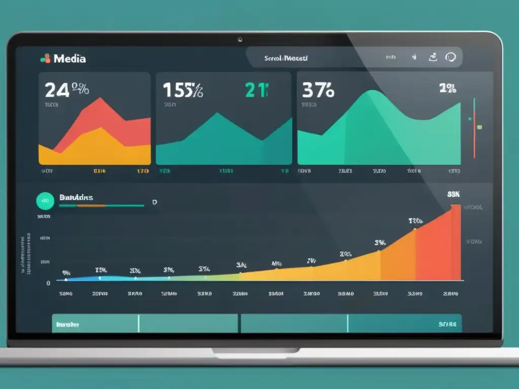 Tablero de análisis de redes sociales en 8K, mostrando métricas clave como engagement, alcance y tasas de conversión