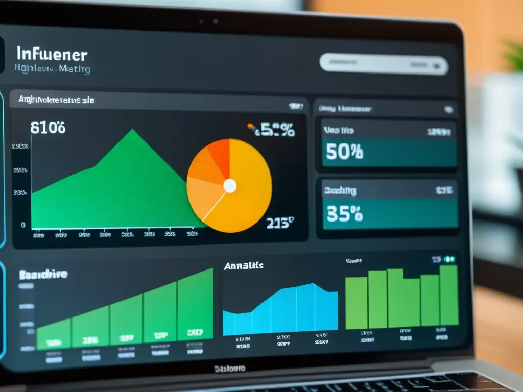 Tablero de visualización de datos futurista que muestra el impacto del big data en influencer marketing ecommerce con gráficos dinámicos y colores vibrantes