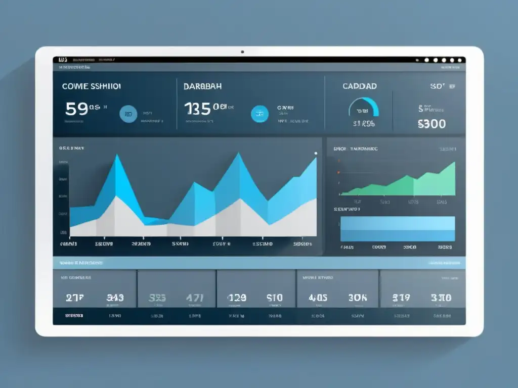 Tablero de ecommerce moderno y sofisticado con gráficos dinámicos en tonos azules y grises, ideal para estrategias de pujas automáticas ecommerce