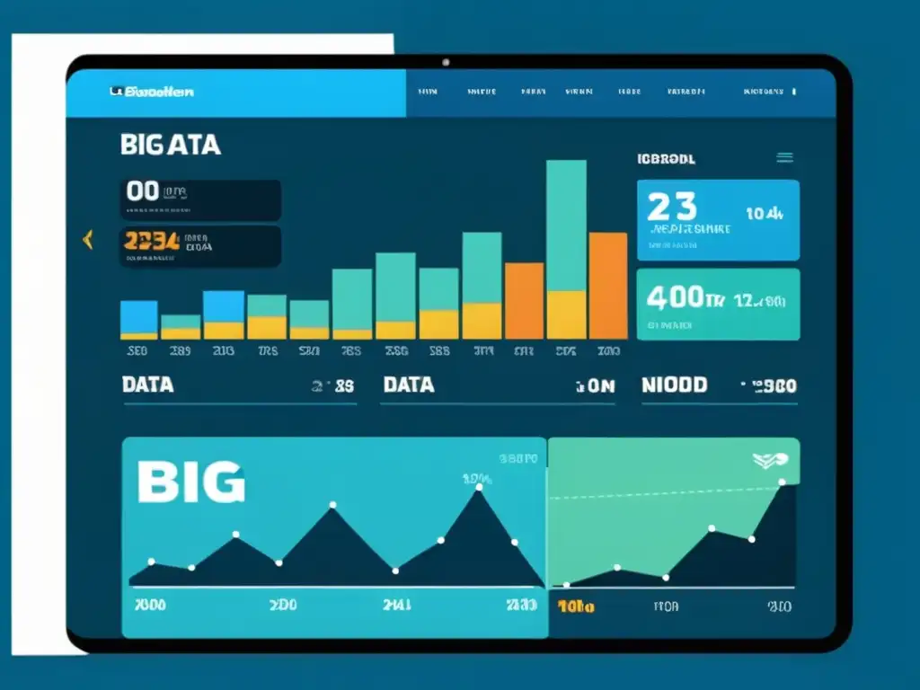 Tablero de Big Data en estrategias de contenido eCommerce: sofisticación y tecnología en gráficos analíticos y datos en azul vibrante