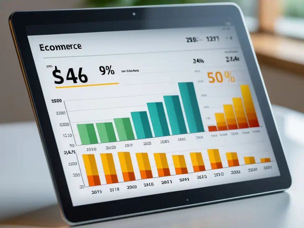 Tableta digital muestra gráfico de ventas y documentos legales sobre comercio electrónico alimentario