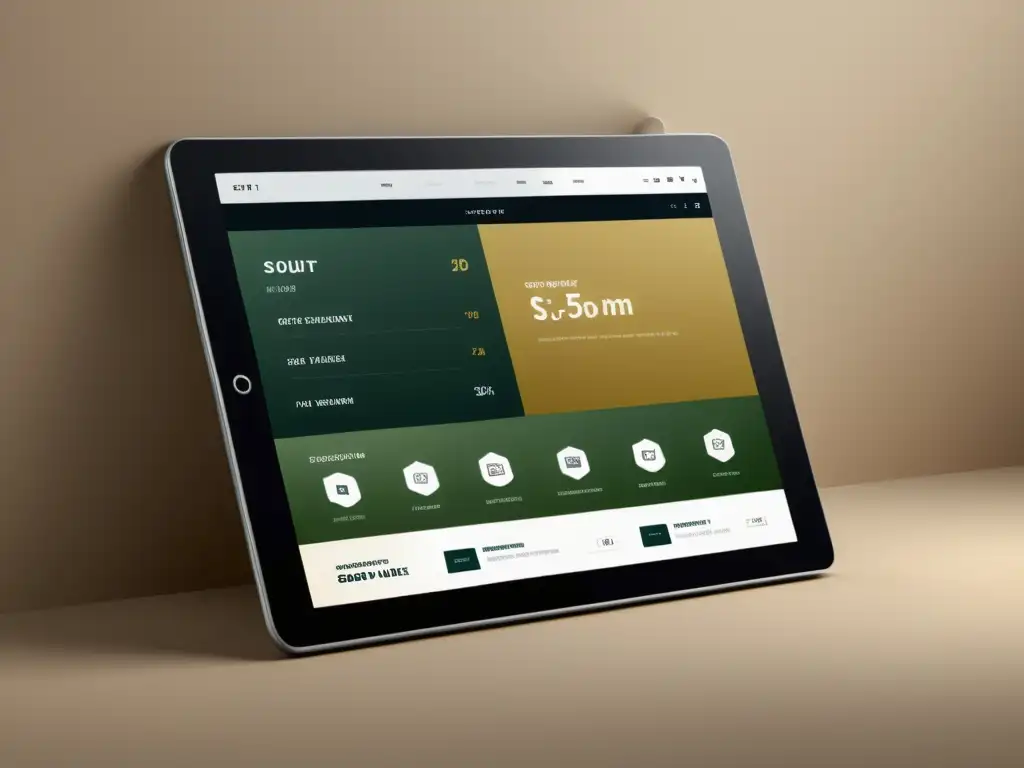 Tableta con interfaz de plataforma de ecommerce autogestionada, minimalista y moderna, de colores neutros y diseño intuitivo