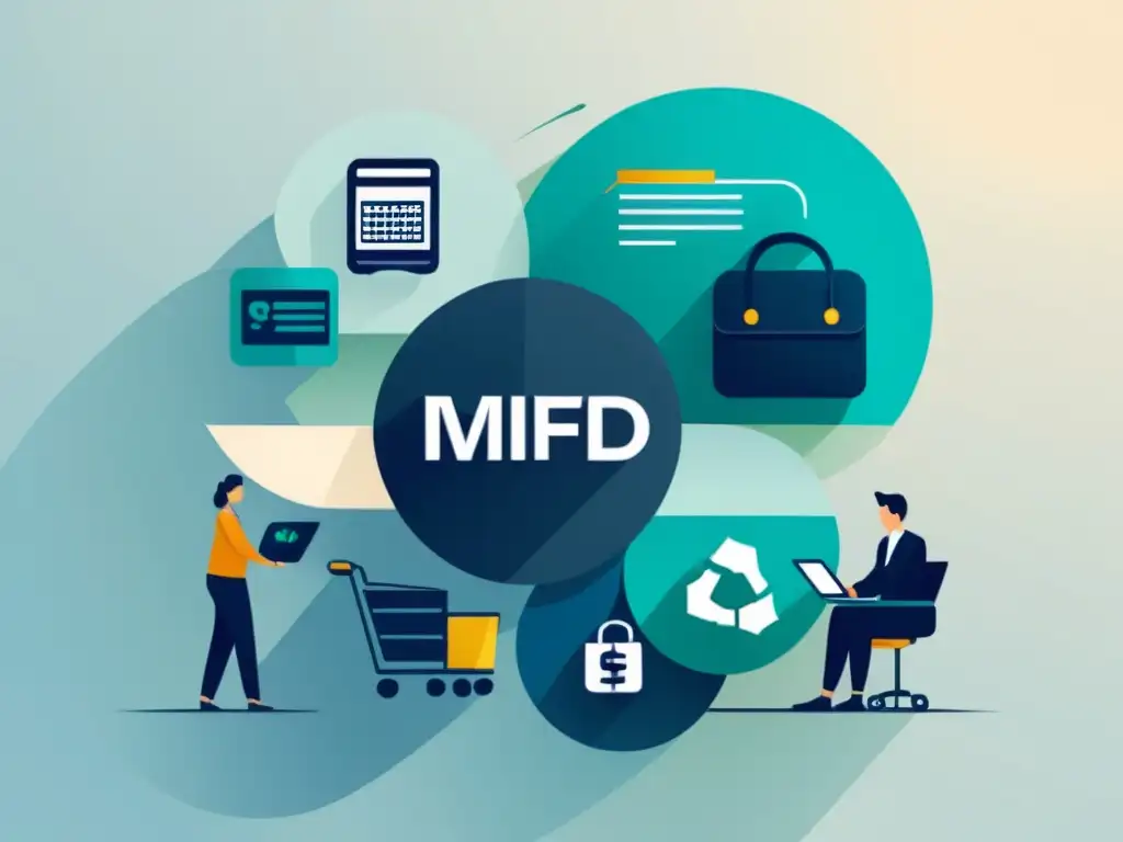 Intersección de tecnología y finanzas en Aplicación Normativa MIFID II Ecommerce, ilustrada con líneas nítidas y paleta de colores suave