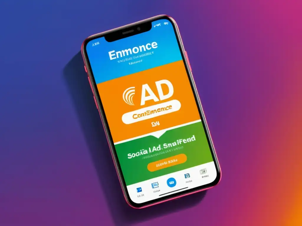 Un teléfono inteligente muestra anuncios dirigidos para eCommerce en redes sociales, con un diseño moderno y vibrante