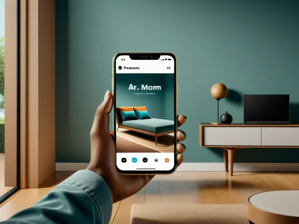 Teléfono inteligente muestra la adopción de AR en Ecommerce con muebles virtuales en una habitación real, fusionando espacios físicos y virtuales