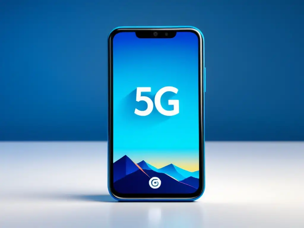 Un teléfono inteligente futurista con el icono 5G resplandeciente en azul, sobre fondo blanco