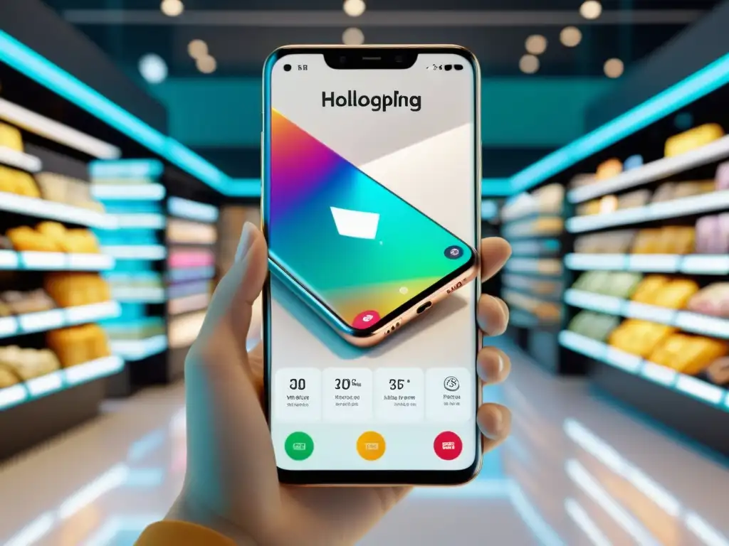 Un teléfono inteligente moderno con una interfaz de realidad aumentada en ecommerce proyectando imágenes vibrantes y navegación intuitiva