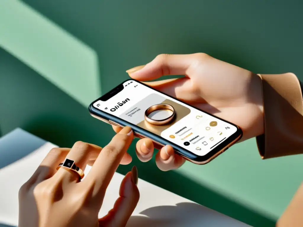 Teléfono móvil mostrando una tienda online elegante con imágenes nítidas y navegación intuitiva