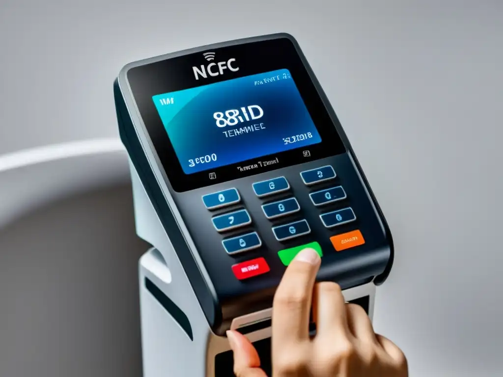 Terminal de pago moderno con integración NFC y RFID, transmite eficiencia y seguridad en el proceso de ecommerce