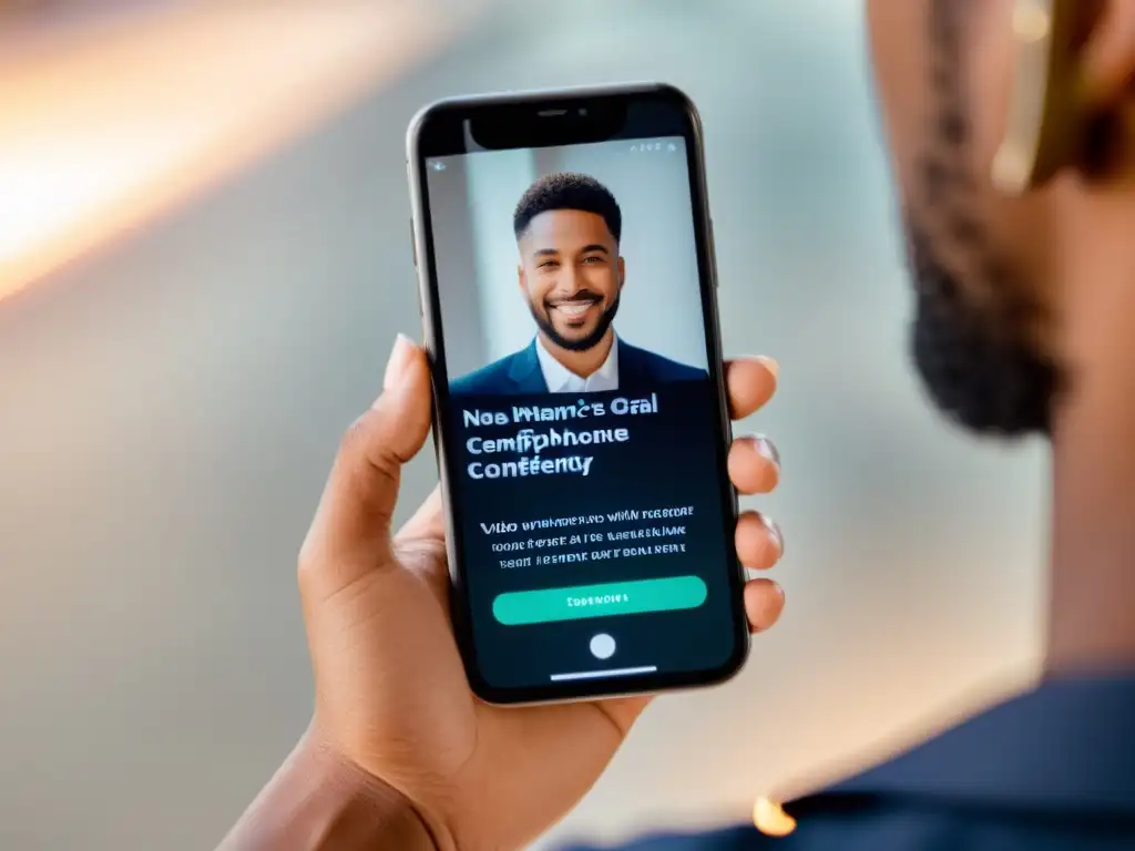 Un testimonio en video potencia la confianza en la marca, con manos cuidadas sosteniendo un smartphone elegante