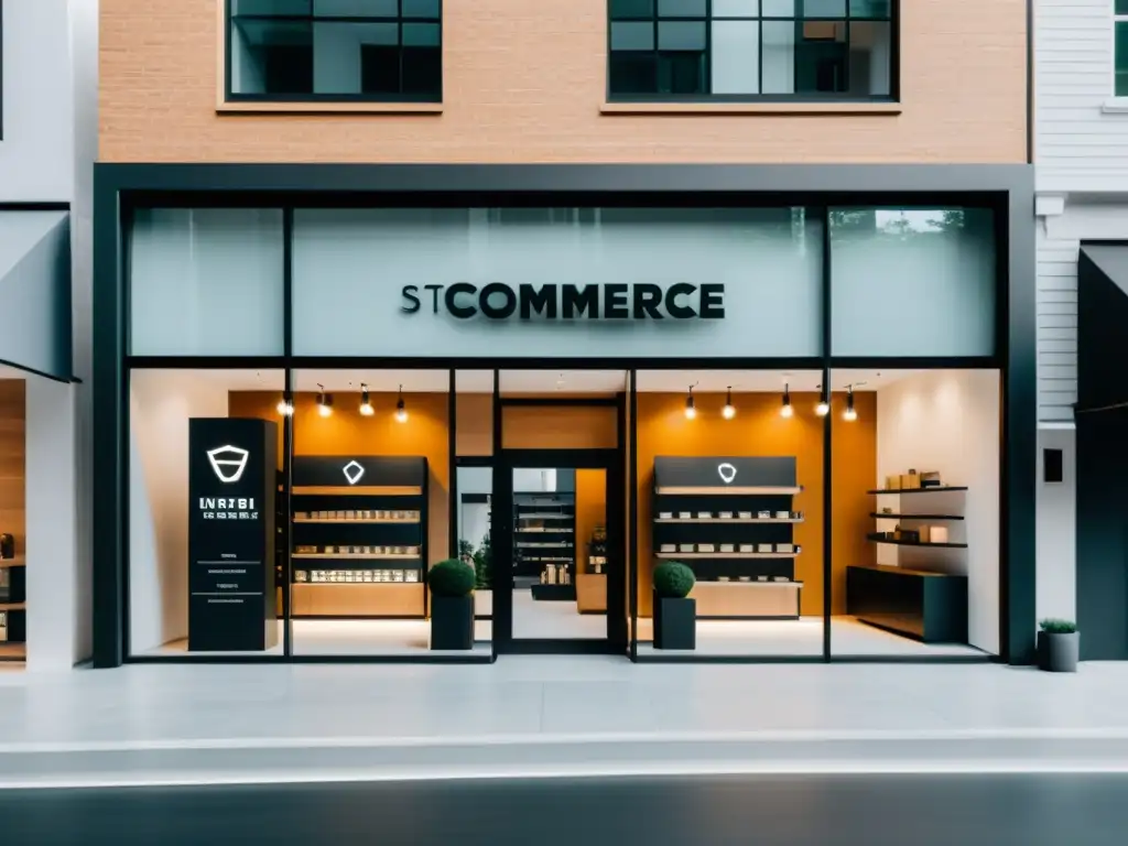 Tienda ecommerce moderna con logo en escaparate, lista para adaptarse a desafíos Brexit