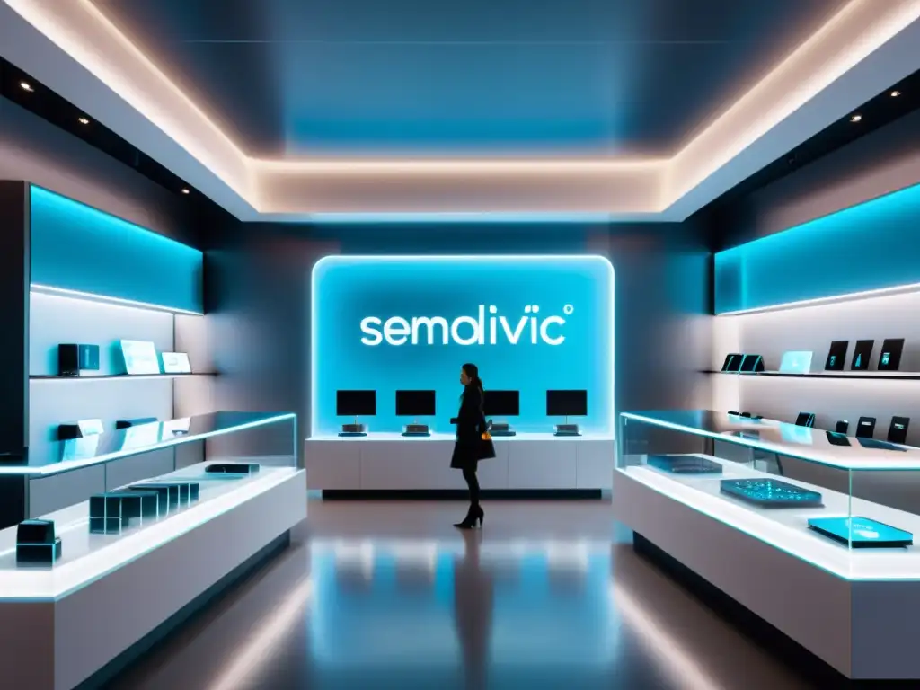 Tienda futurista con aplicaciones de análisis predictivo en comercio electrónico, luces suaves, superficies reflectantes y productos holográficos