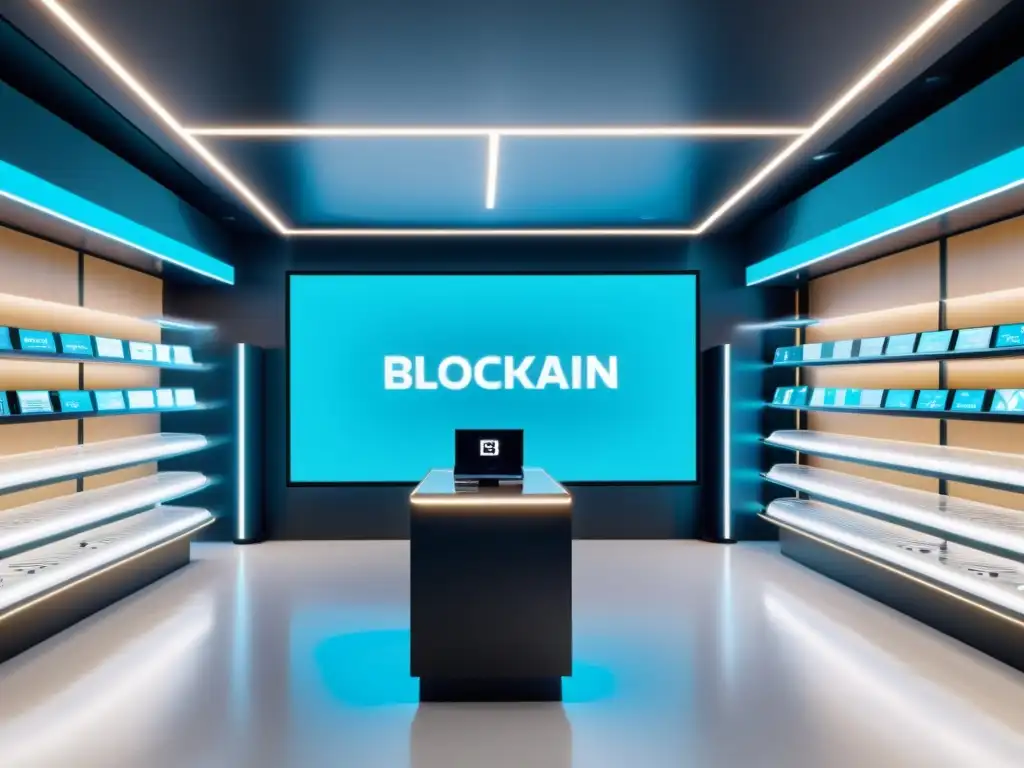 Tienda futurista con diseño minimalista y tecnología blockchain, reflejando innovación y sofisticación en el futuro del retail con Blockchain