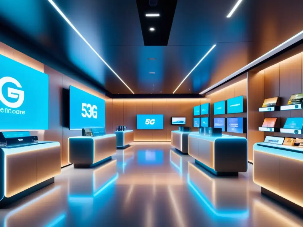 Tienda futurista con tecnología 5G que transforma el comercio electrónico, con pantallas interactivas y pagos digitales, iluminada suavemente