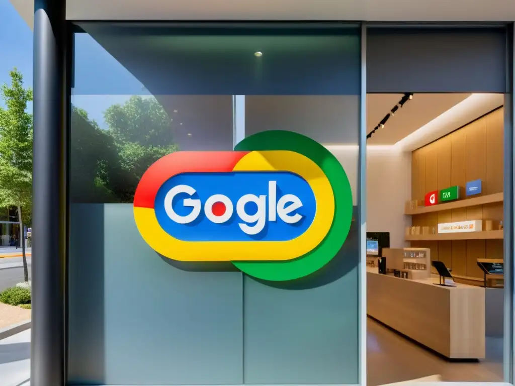 Una tienda futurista con la influencia de Google en comercio electrónico, iluminada con delicada luz ambiental y diseño moderno