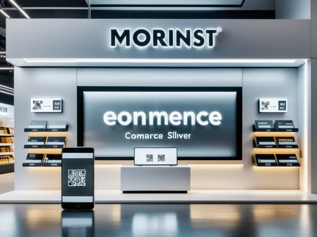 Una tienda minimalista de ecommerce en blanco y plata, con estrategias micromomentos ecommerce, iluminación estratégica y QR codes en los productos