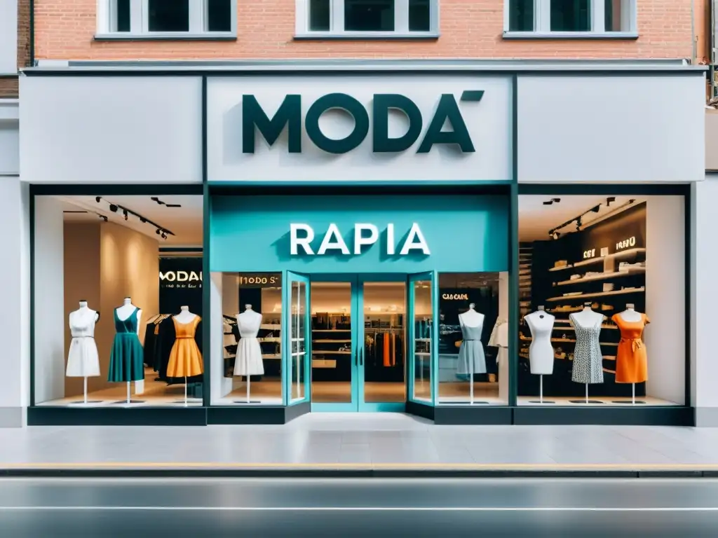 Una tienda de ropa moderna y elegante con el letrero 'Moda Rápida'