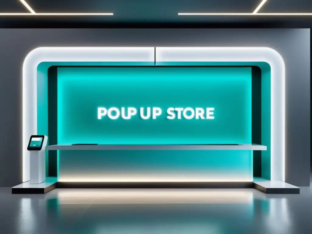 Una tienda popup virtual de diseño futurista y minimalista, con elementos digitales, pantallas interactivas y señalización holográfica