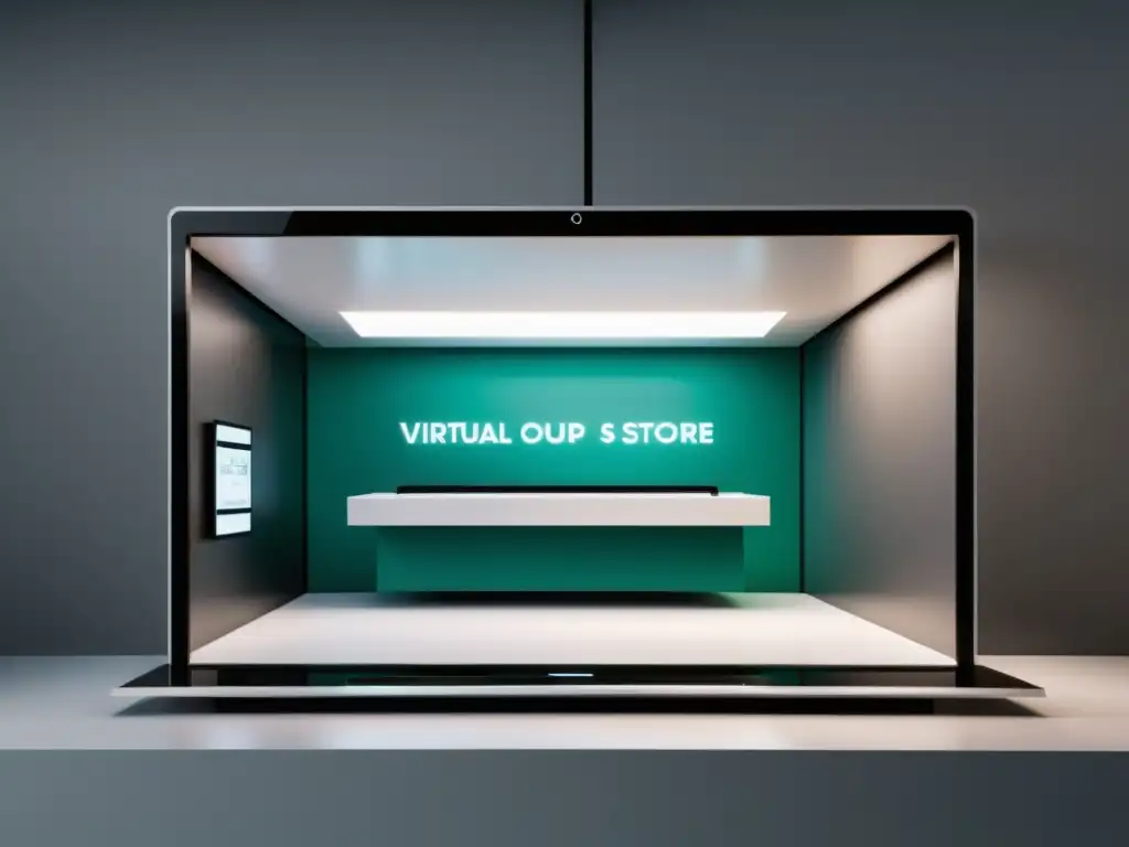 Tiendas popup virtuales estrategia ecommerce: Imagen de una tienda virtual futurista con diseño minimalista y líneas limpias en un dispositivo digital