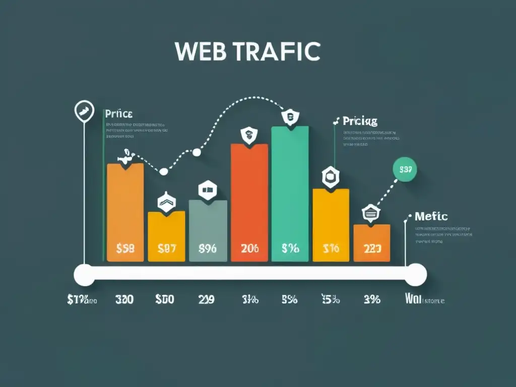 Gráfica de tráfico web con iconos de estrategias de precios en eCommerce competitivas, elegante y moderna