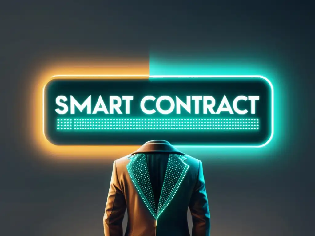 Transacción digital de smart contracts en comercio electrónico, con líneas de código y detalles de transacción visibles en tonos modernos y limpios