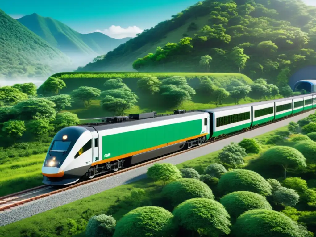 Un tren de carga moderno atraviesa un paisaje exuberante, destacando innovaciones en transporte logístico para una cadena verde sostenible