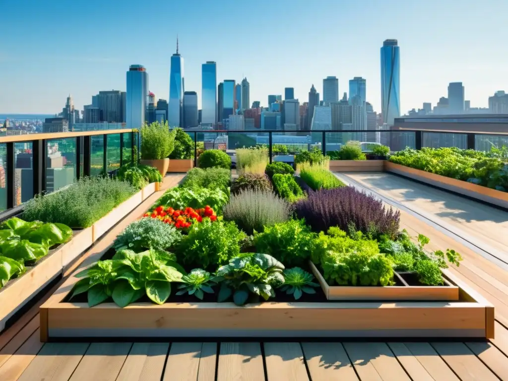 Jardín urbano en la azotea con plantas y vegetales, reflejando la armonía entre la naturaleza y la vida urbana