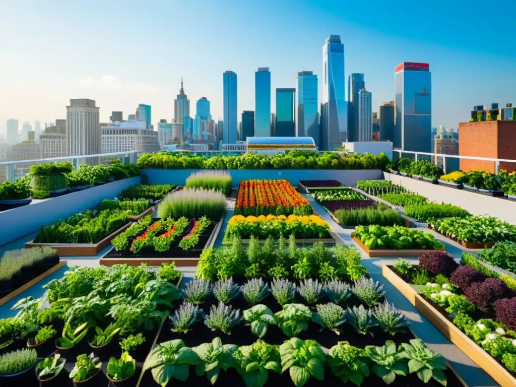 Un jardín urbano vibrante y detallado en contraste con el skyline de la ciudad, ilustrando la coexistencia de naturaleza y vida urbana