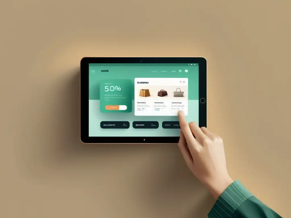 Un usuario satisfecho navega por una interfaz de ecommerce limpia y amigable, destacando el diseño centrado en el usuario ecommerce