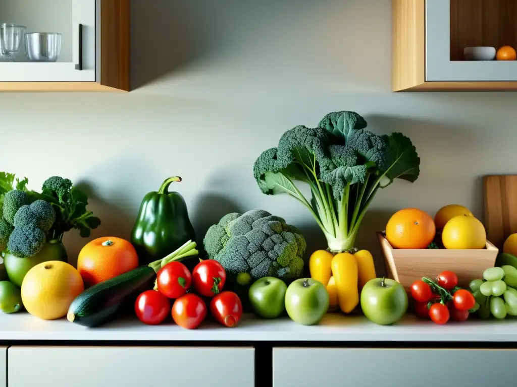 Una variedad colorida de frutas y verduras frescas organizadas en una cocina minimalista, resaltada por la suave iluminación natural