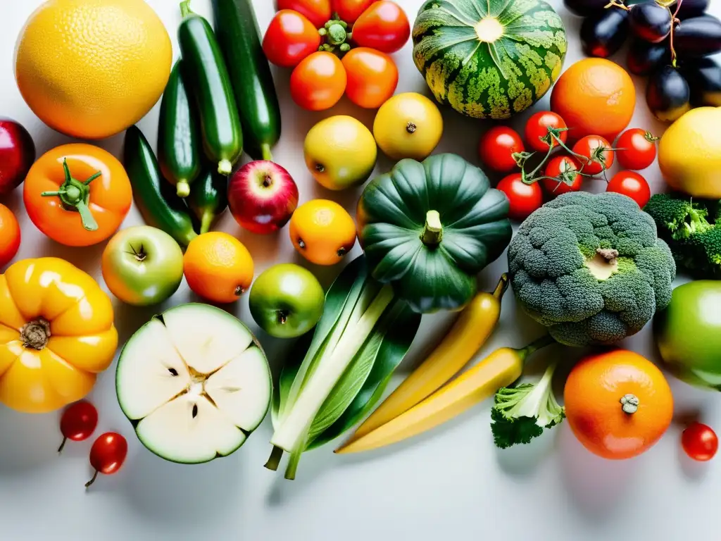 Variedad de frutas y verduras importadas en un mostrador blanco