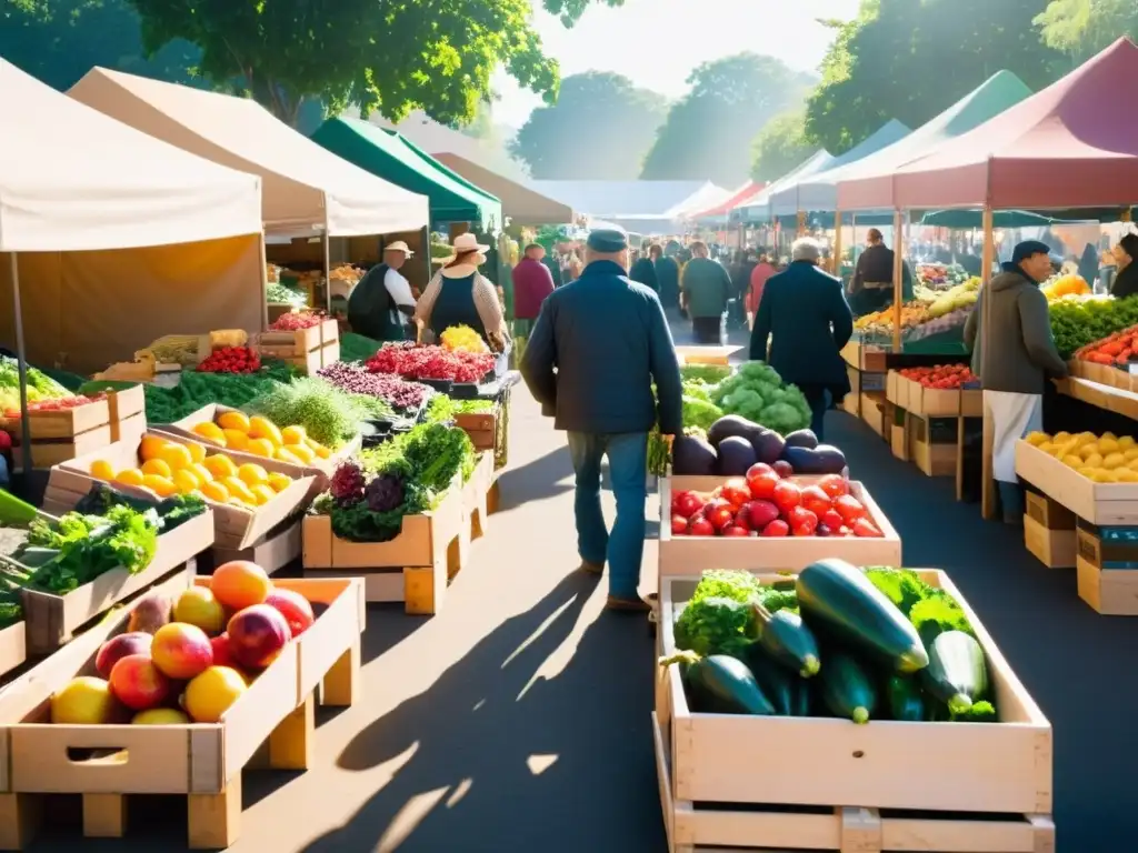 Venta directa de productos frescos en animado mercado de agricultores con frutas y verduras coloridas en la cálida luz del sol