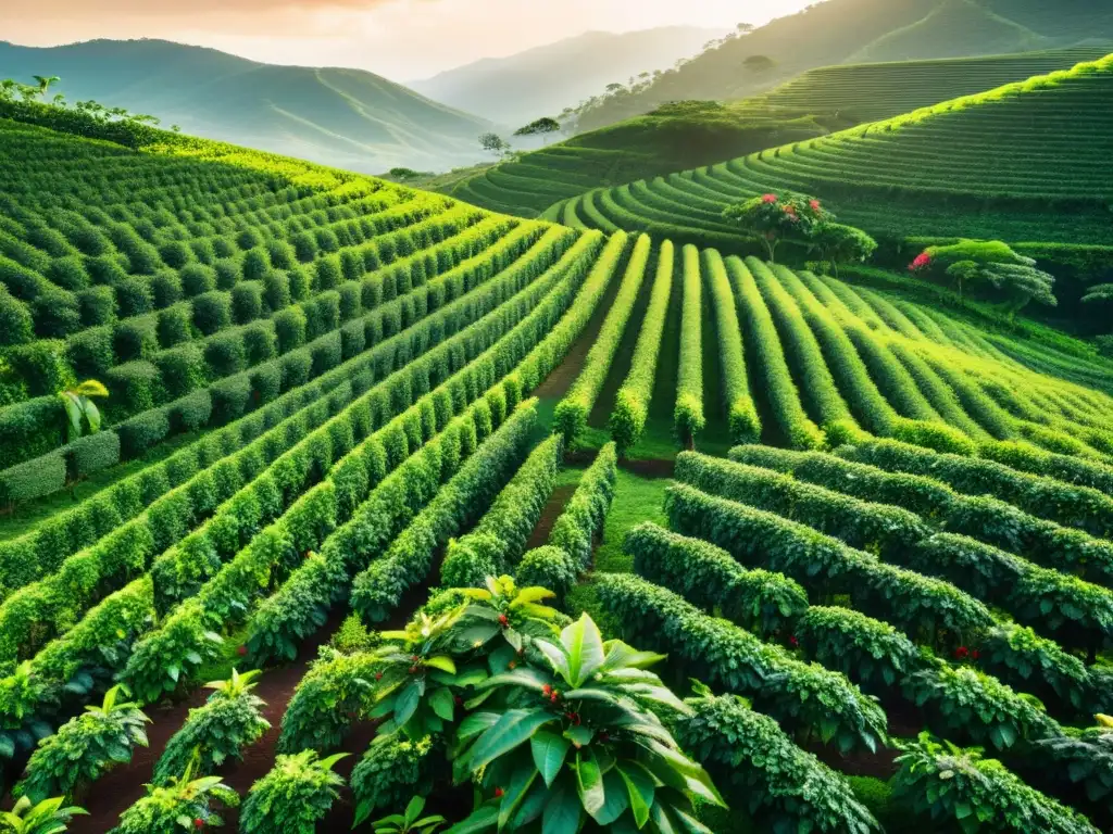 Plantación de café verde exuberante en colinas tropicales, conectando productores sostenibles globalmente