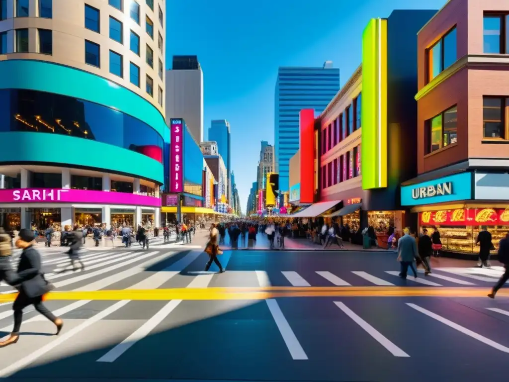 Vibrante calle de la ciudad con actividad comercial y diversidad, reflejando la personalización en el comercio electrónico