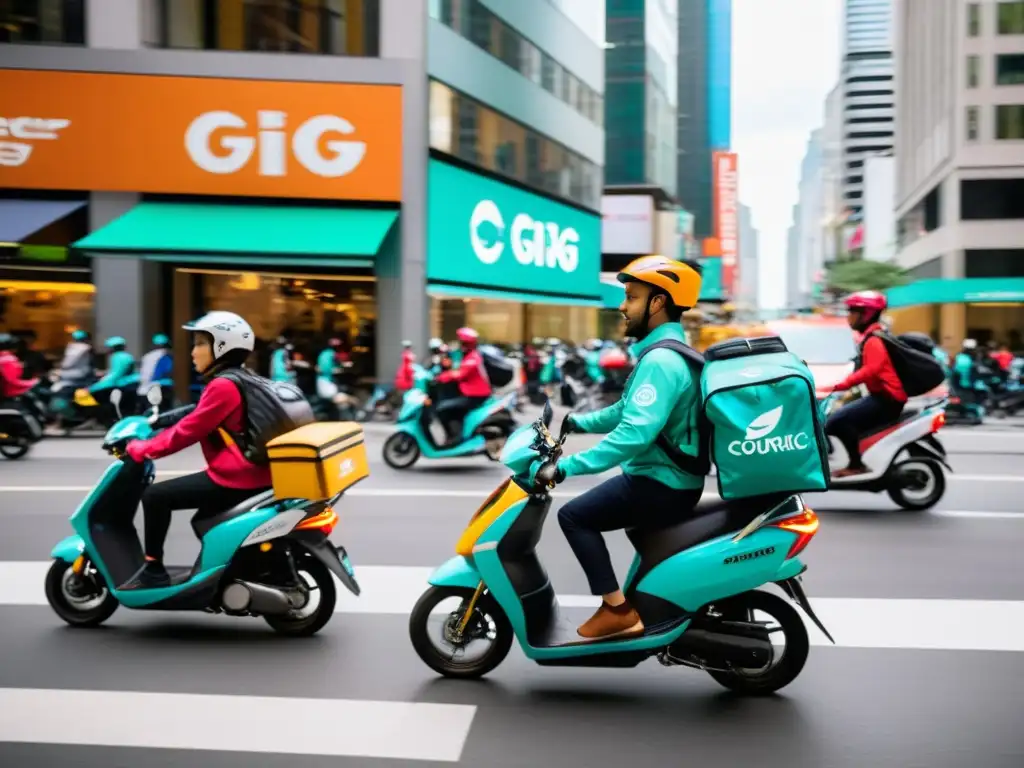 Vibrante calle de la ciudad con repartidores en bicicletas y scooters, reflejo de la economía gig en el comercio electrónico