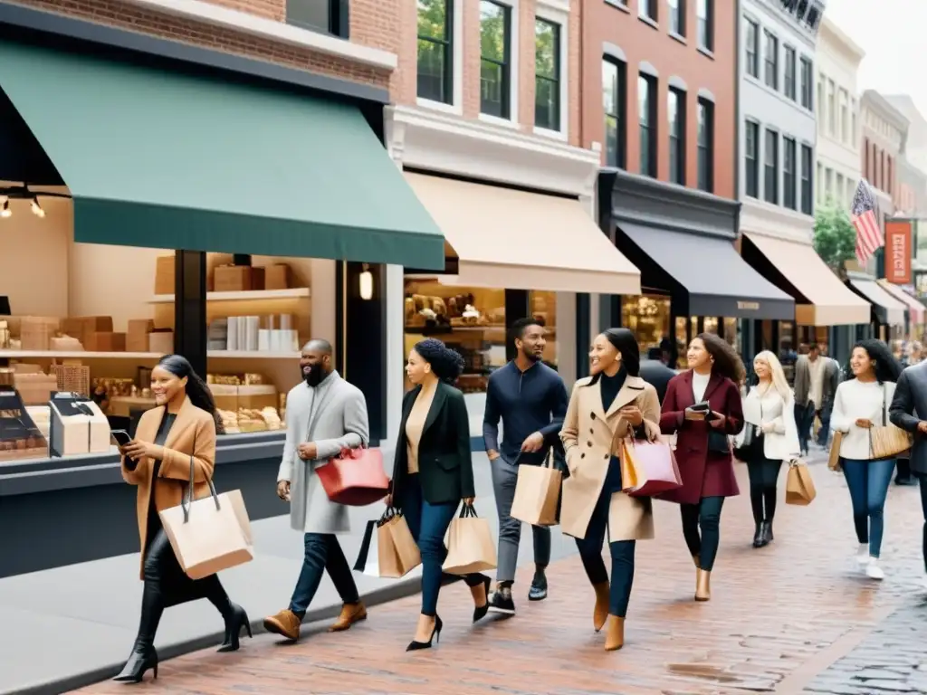 Vibrante calle urbana con diversidad de personas y comercios, reflejando el impacto del comercio electrónico en el empleo