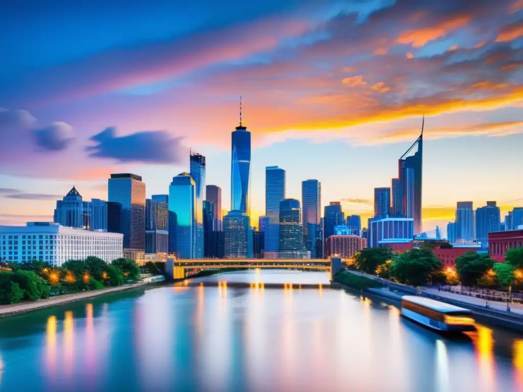 Vibrante ciudad al atardecer, con rascacielos modernos reflejados en un río sereno