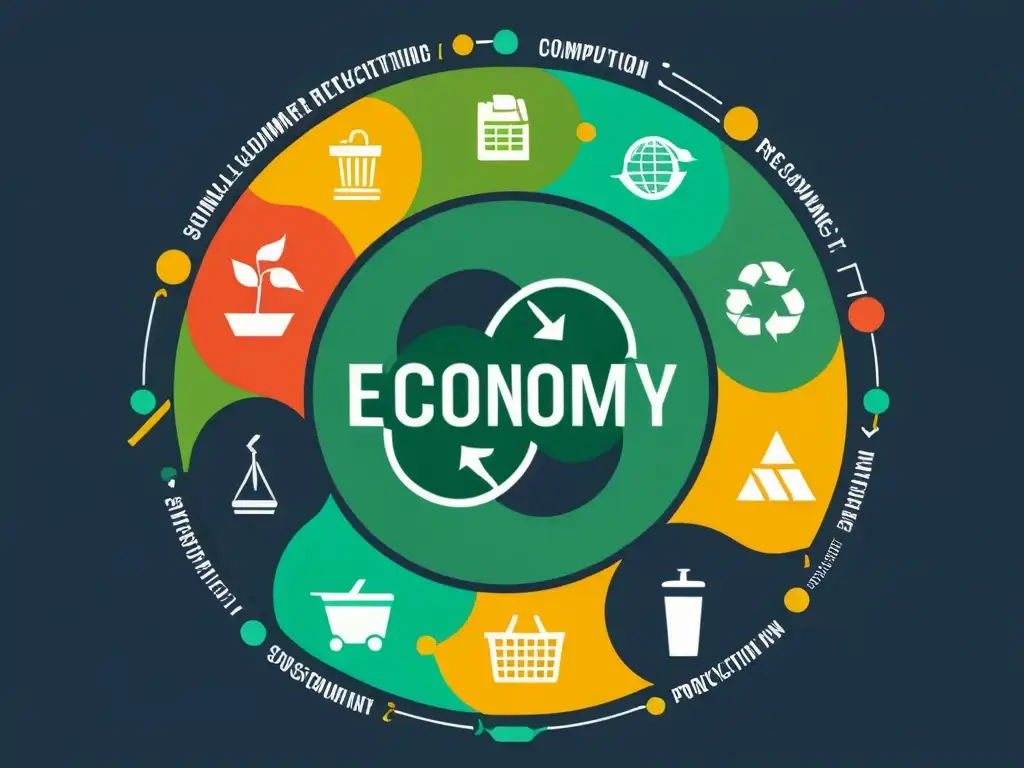 Vibrante ilustración de economía circular en comercio electrónico, con íconos modernos que representan el ciclo de vida del producto