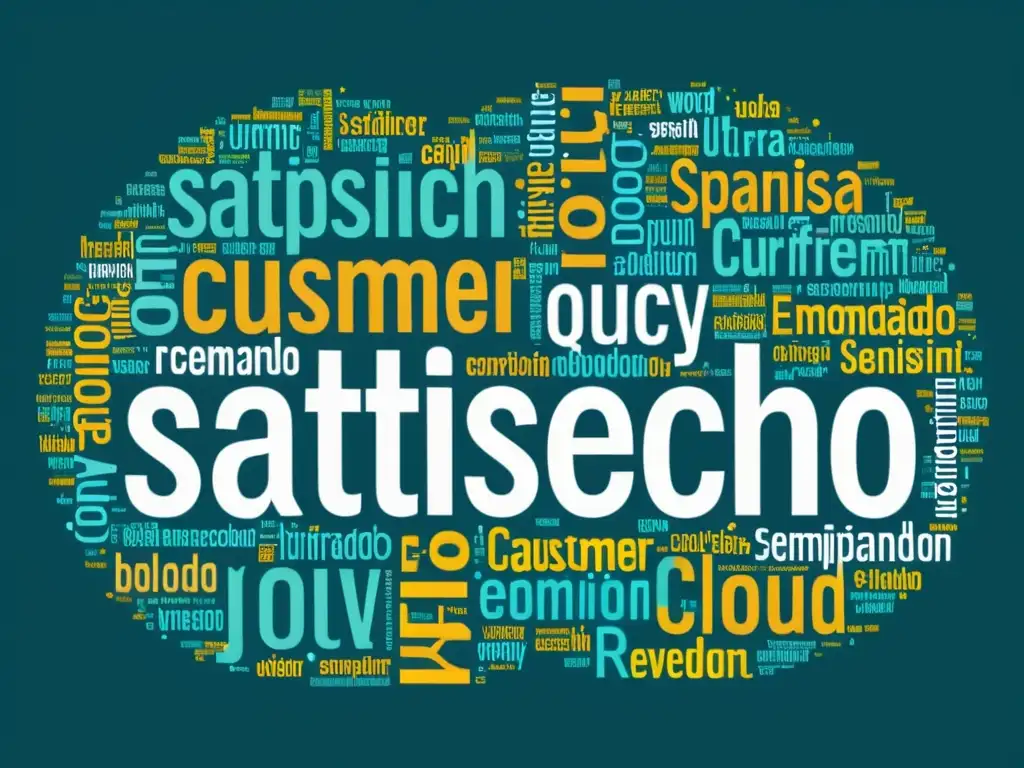 Vibrante visualización efectiva en análisis de sentimiento del cliente con palabras en español como 'satisfecho', 'insatisfecho' y 'recomendado