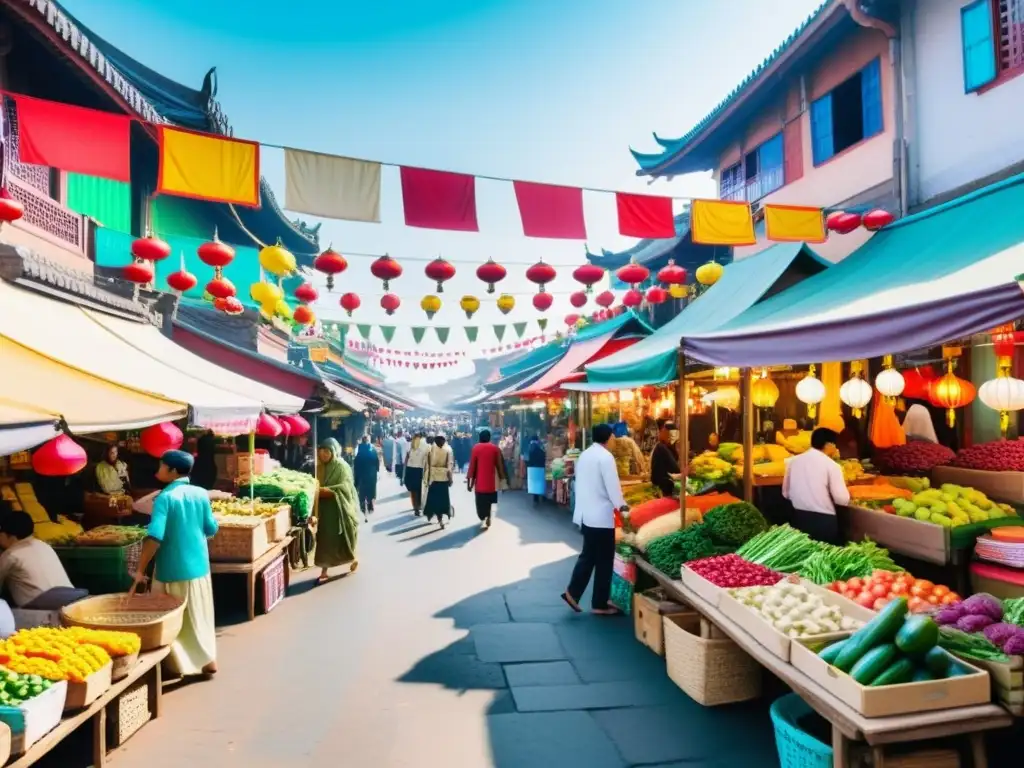 Vibrante mercado asiático con vendedores y clientes entre puestos de productos y arquitectura tradicional