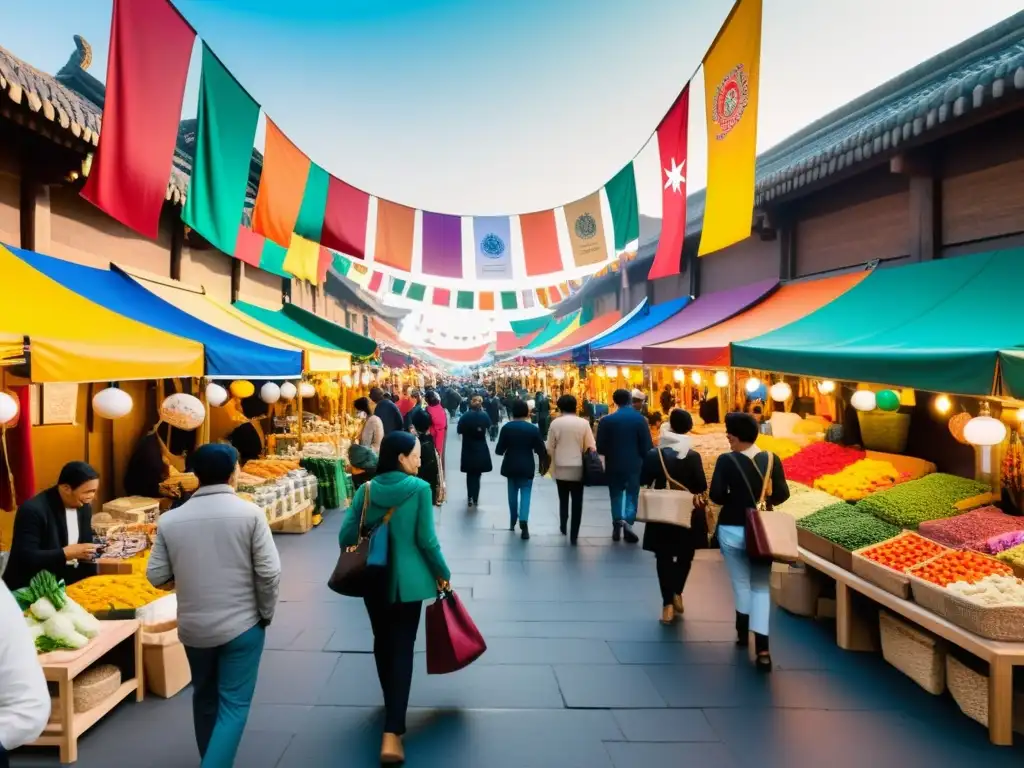 Vibrante mercado multicutural con diversidad de productos y clientes, reflejando el comercio transfronterizo y la diversidad cultural