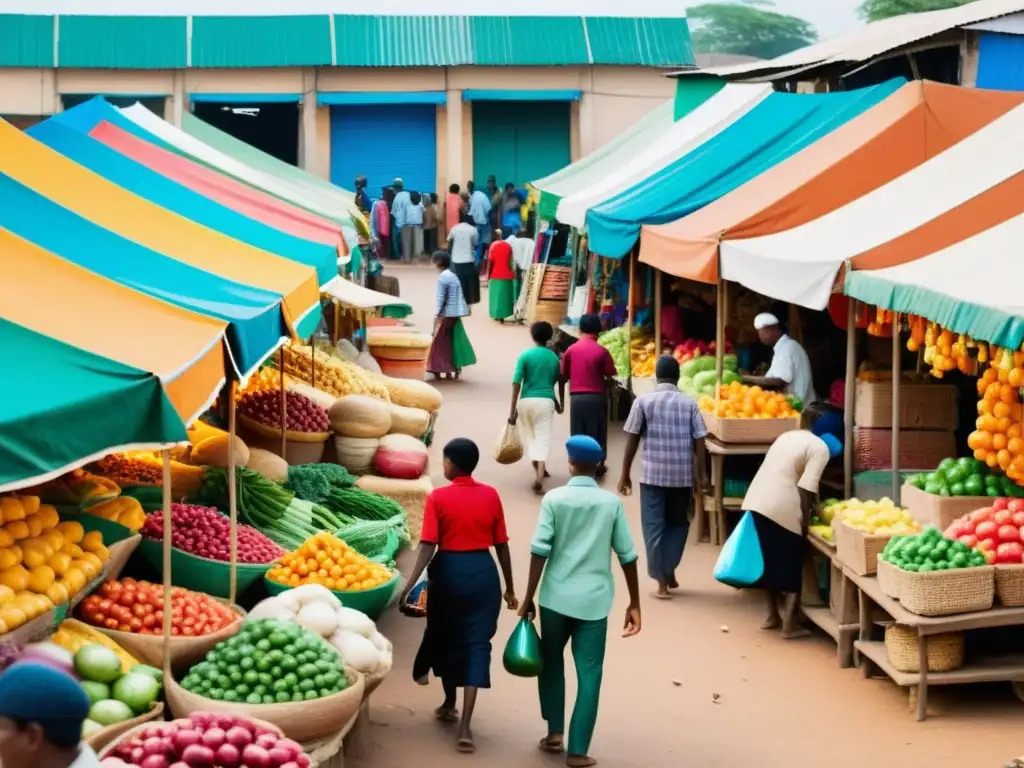 Vibrante mercado en país en desarrollo, con coloridos puestos y vendedores