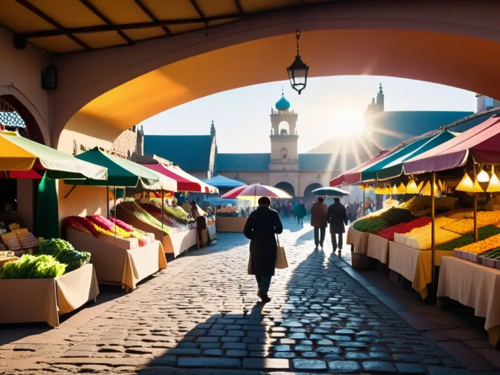 Vibrante mercado transfronterizo bajo coloridos paraguas, con atmósfera cálida al atardecer