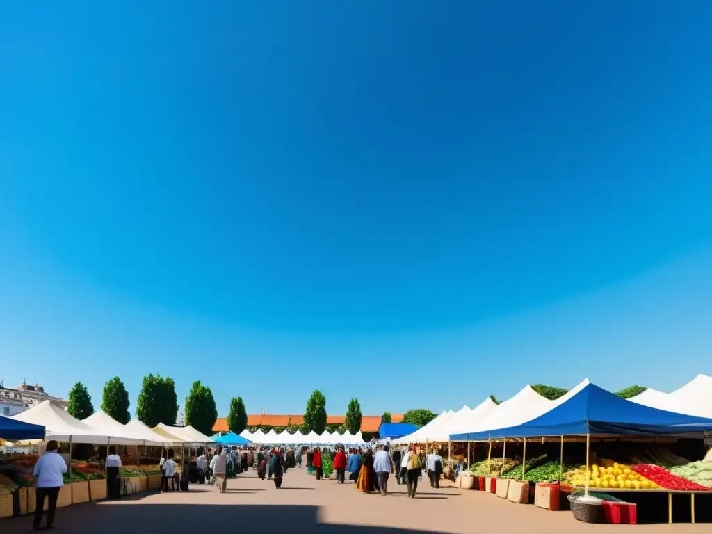 Un vibrante mercado con vendedores y variedad de productos bajo un cielo azul