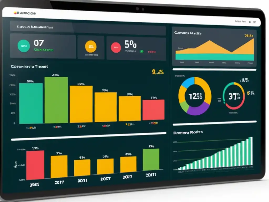 Vibrante panel de analítica avanzada para ecommerce con gráficos detallados y colores contrastantes, representando métricas clave