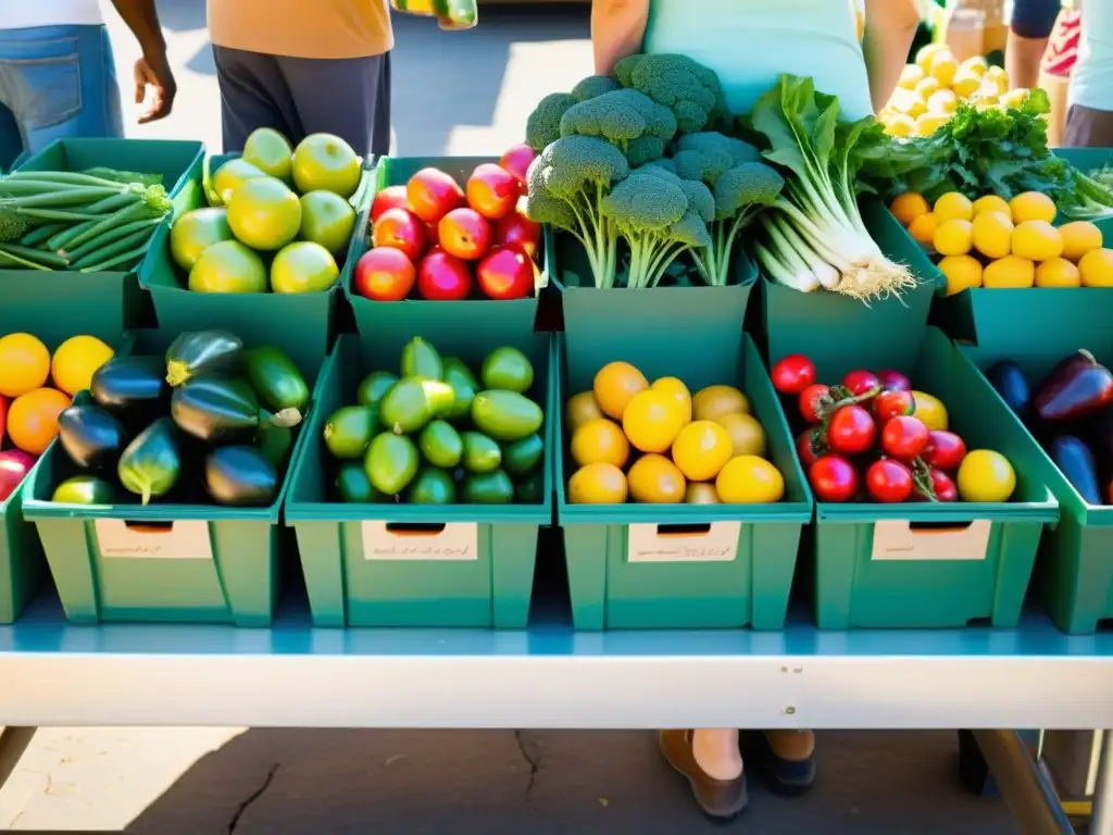 Vibrante puesto de venta directa de productos frescos en el mercado, con variedad de frutas y verduras recién cosechadas, clientes y actividad animada