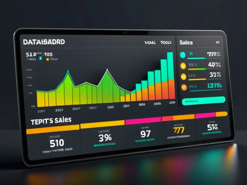 Vibrante y sofisticado panel de visualización de datos, herramientas Big Data análisis ventas ecommerce en tiempo real en un fondo oscuro con acentos de neón