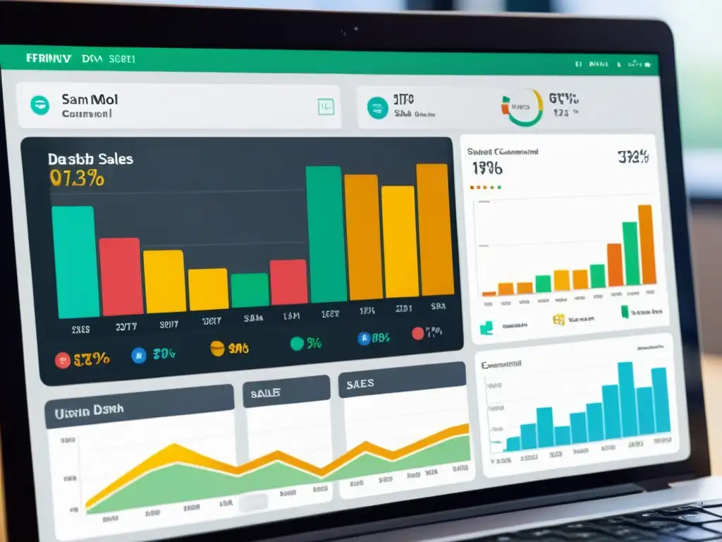 Vibrantes gráficos y tablas en un panel de análisis de datos, mostrando patrones en ventas de ecommerce